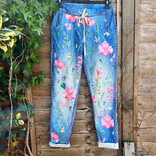 Denim with Coloured Flower Print Magic Trousers