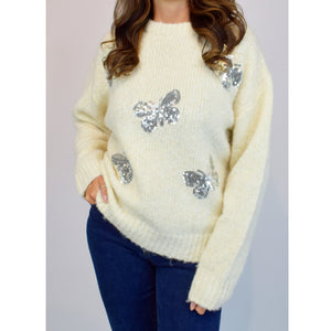 Off White Silver Sequin Butterfly Jumper