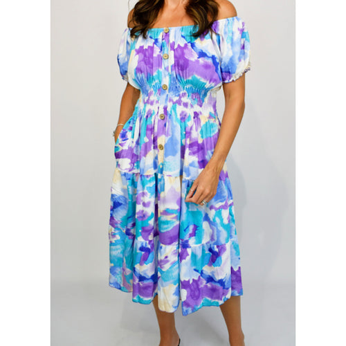 Bardot Midi Dress with Pockets | Lilac Vibrant Colour Mix