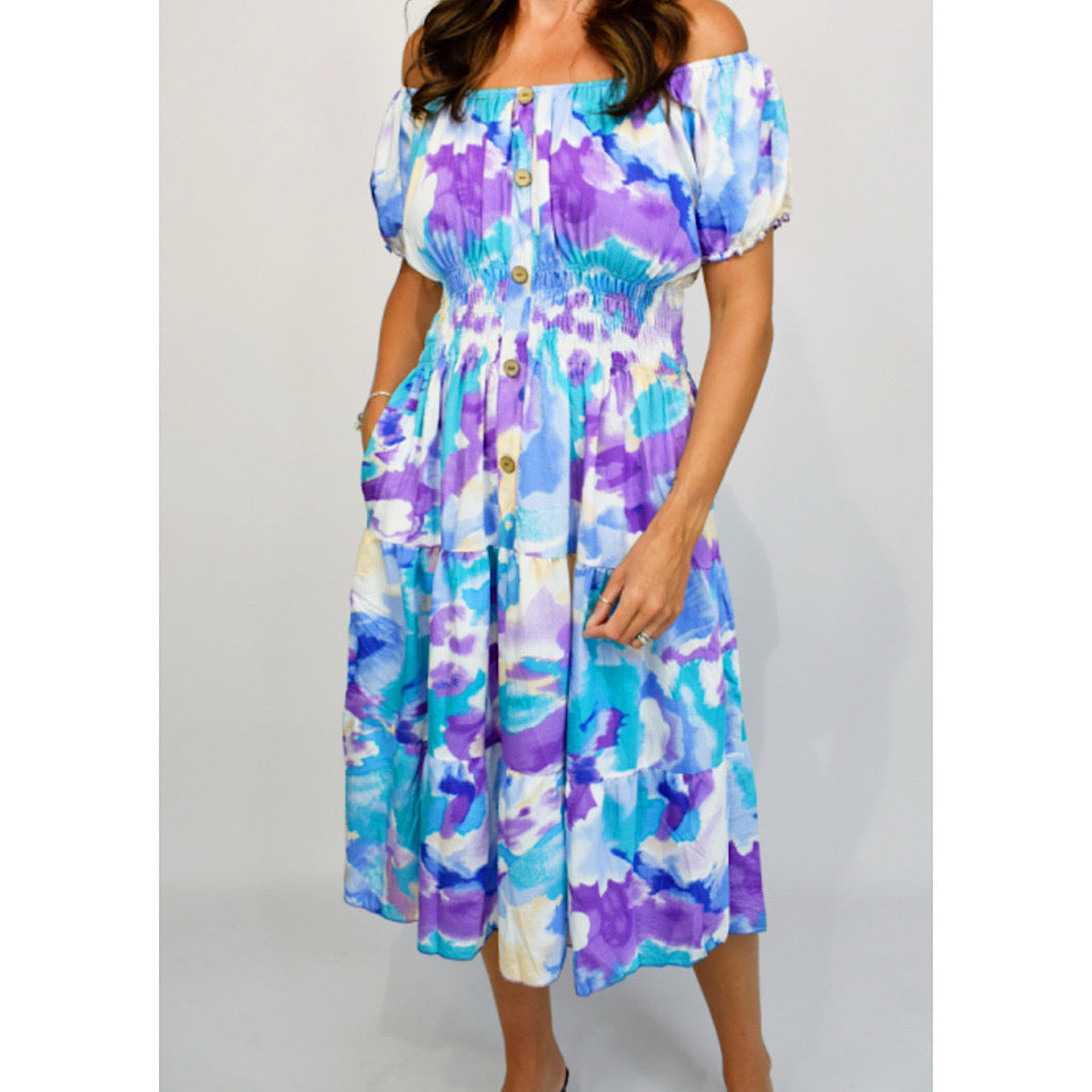 Bardot Midi Dress with Pockets | Lilac Vibrant Colour Mix