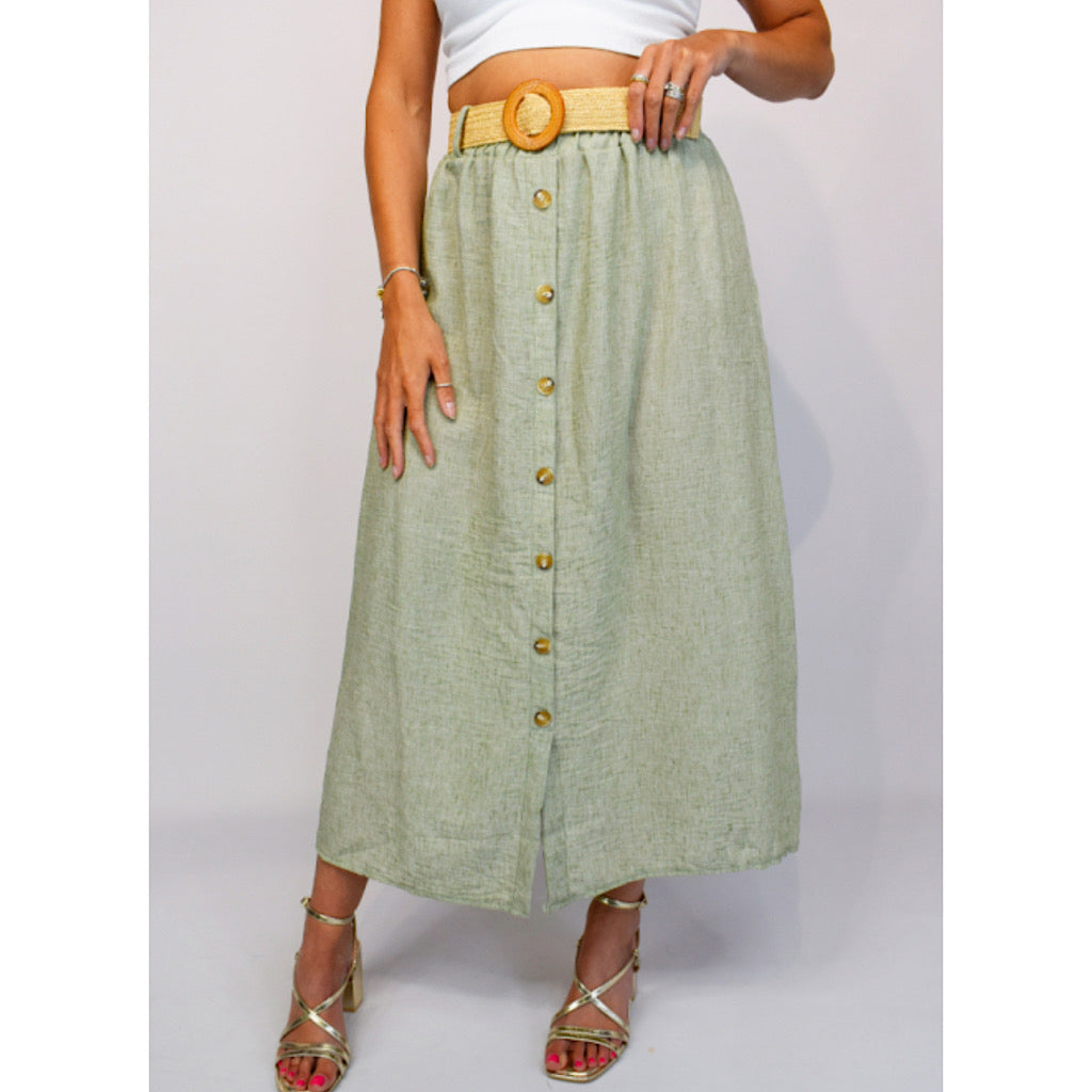 Pale Khaki Button Front Italian Belted Skirt