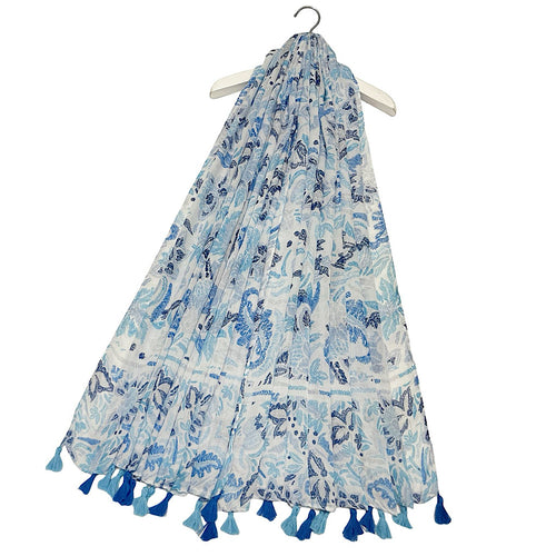 Blue Floral Print Paisley Tassel Scarf