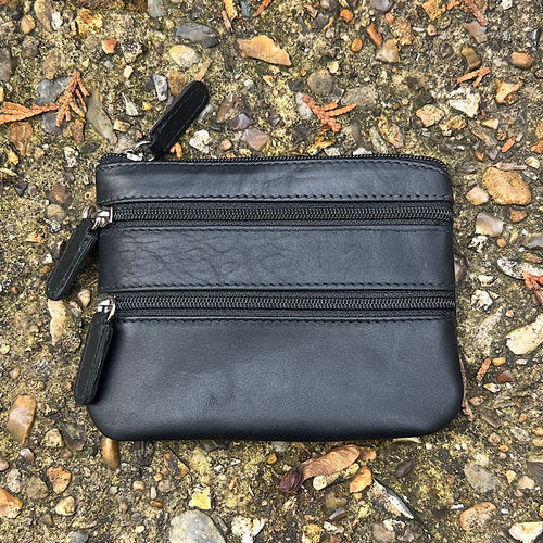 Black Soft Leather 3 Zip Coin Purse By Zen