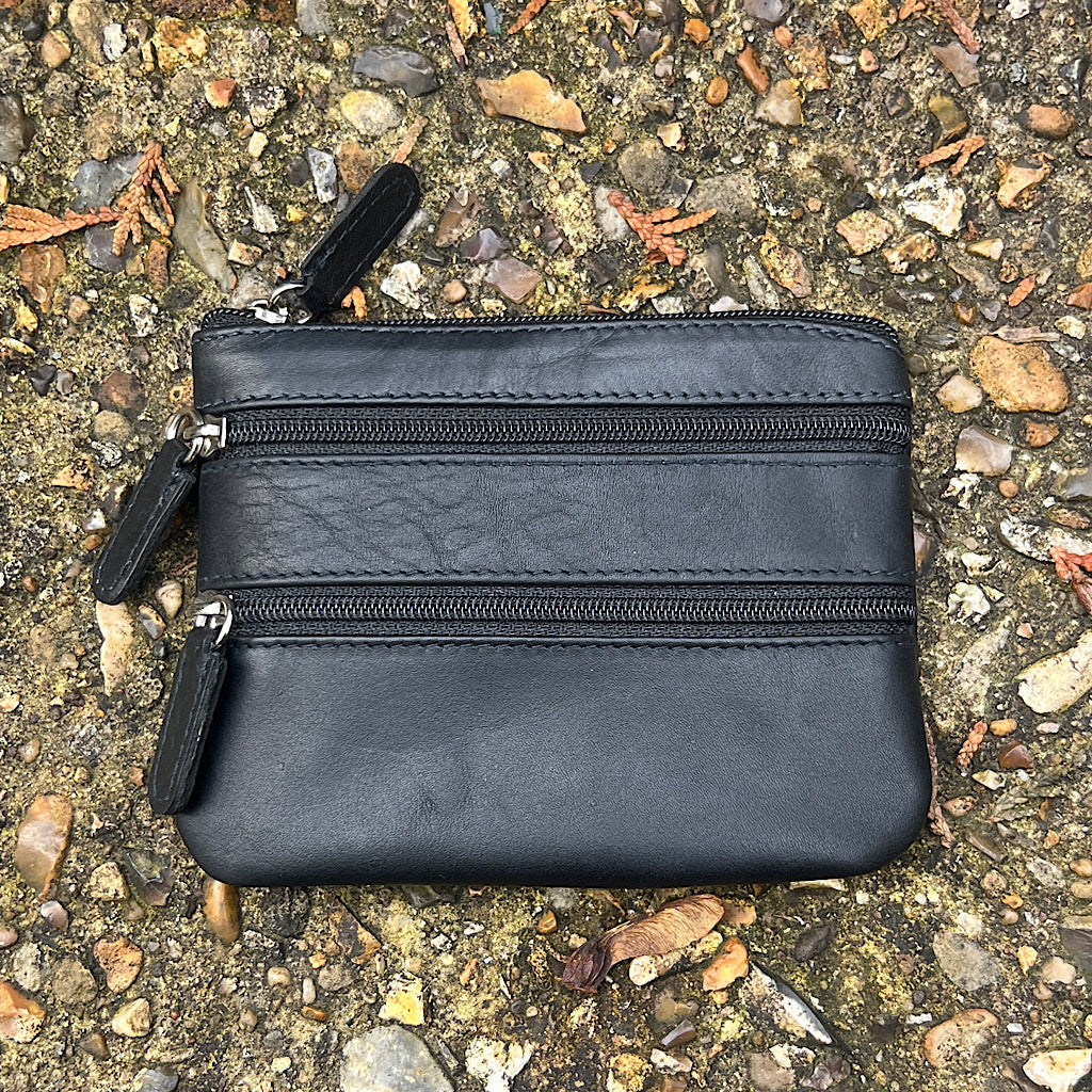 Black Soft Leather 3 Zip Coin Purse By Zen