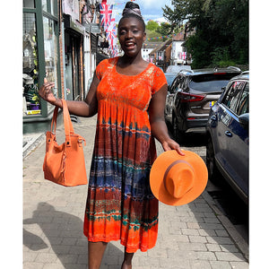 Orange Cap Sleeve Tie Dye Dress with Silk Screen Printed Pattern