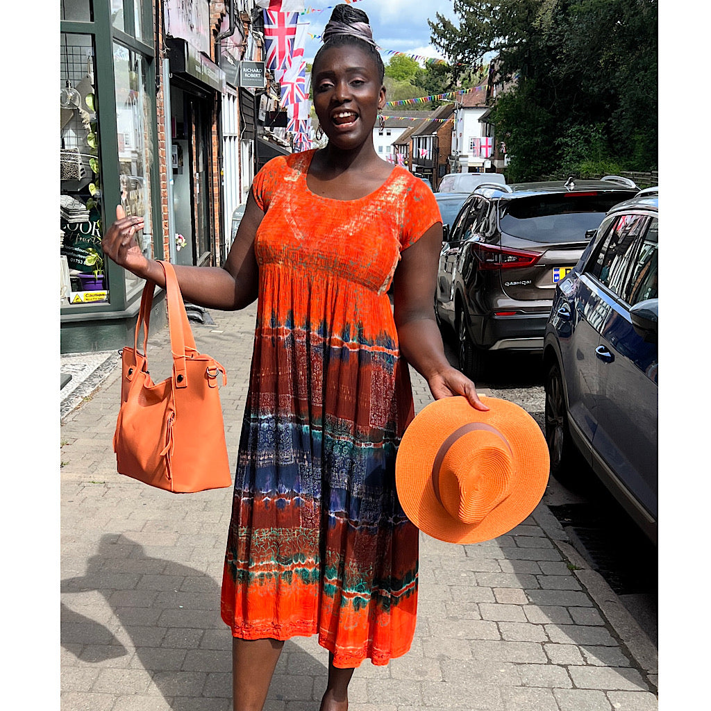 Orange Cap Sleeve Tie Dye Dress with Silk Screen Printed Pattern