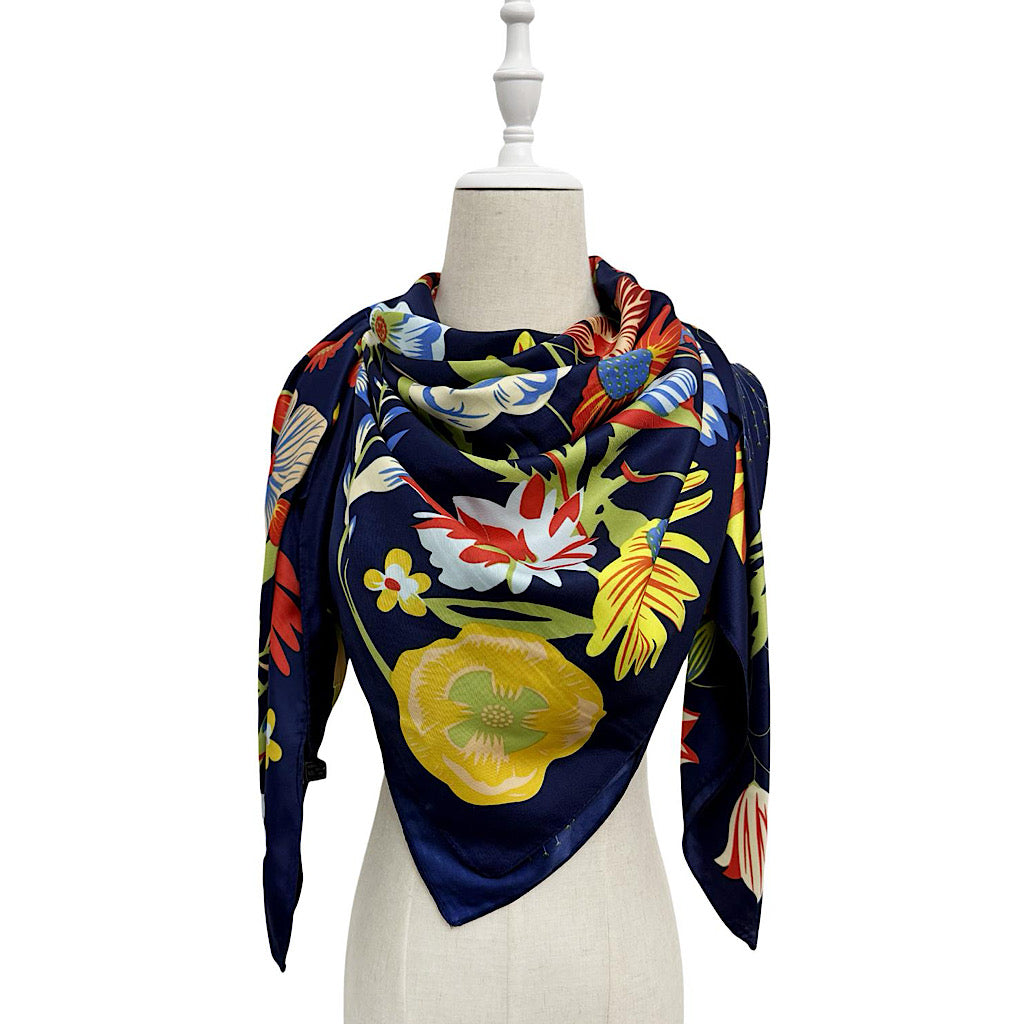 Navy Blue Vibrant Wildflower Print Square Scarf (on body)