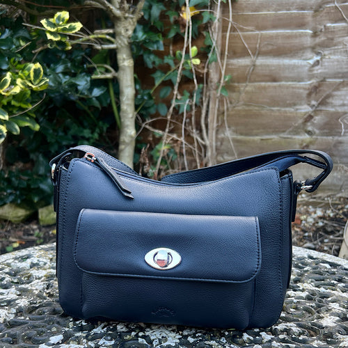 Soft Navy Italian Leather 'Martina' Front Pocket Twist Lock Crossbody Bag (front)
