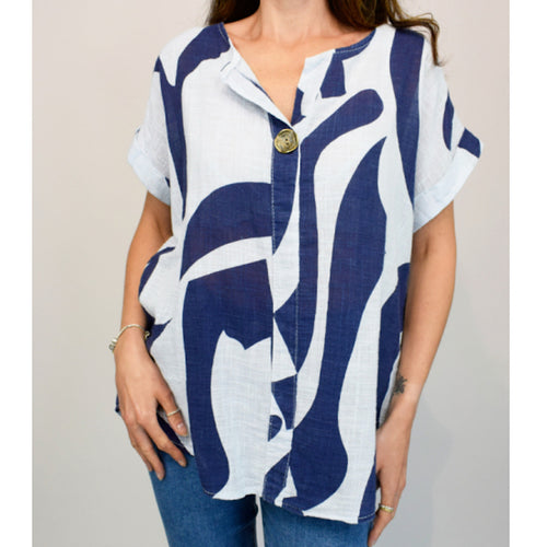 Navy & Light Blue Abstract Print with Button Detail Top