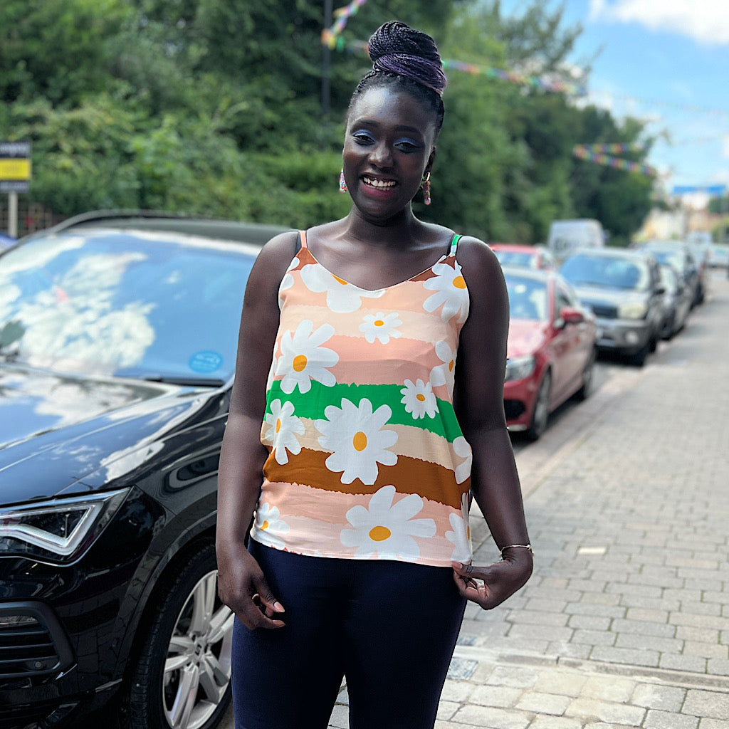 Daisy Flower Print & Stripe Sleeveless Top
