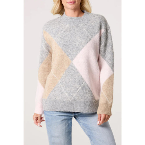 Pink & Grey Soft Knit Large Diamond Jumper