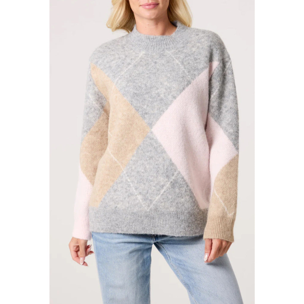 Pink & Grey Soft Knit Large Diamond Jumper