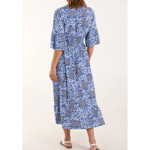 Blue Aztec V-Neck Shirred Maxi Dress (back)