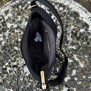 Black Crossbody Bag with Front Zip Pocket (open)