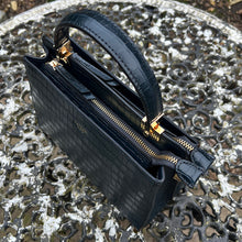 Load image into Gallery viewer, Navy &quot;Aria&quot; Italian Leather Croc Grab Bag (top angle)
