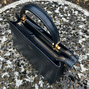 Navy "Aria" Italian Leather Croc Grab Bag (top angle)