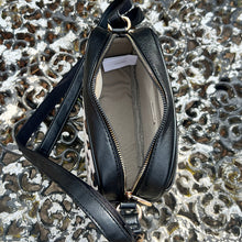 Load image into Gallery viewer, Black Leopard Camera Style Crossbody Bag (open)
