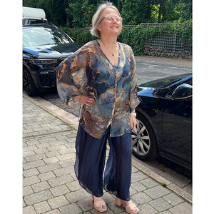 Navy Marble Effect Silk 2 Piece Top (full)
