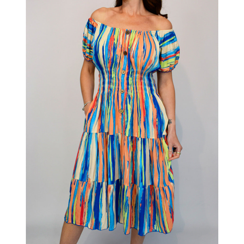 Bardot Midi Dress with Pockets | Multi Stripe
