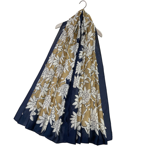 Navy Intwined Floral Print Silk Scarf (flat)