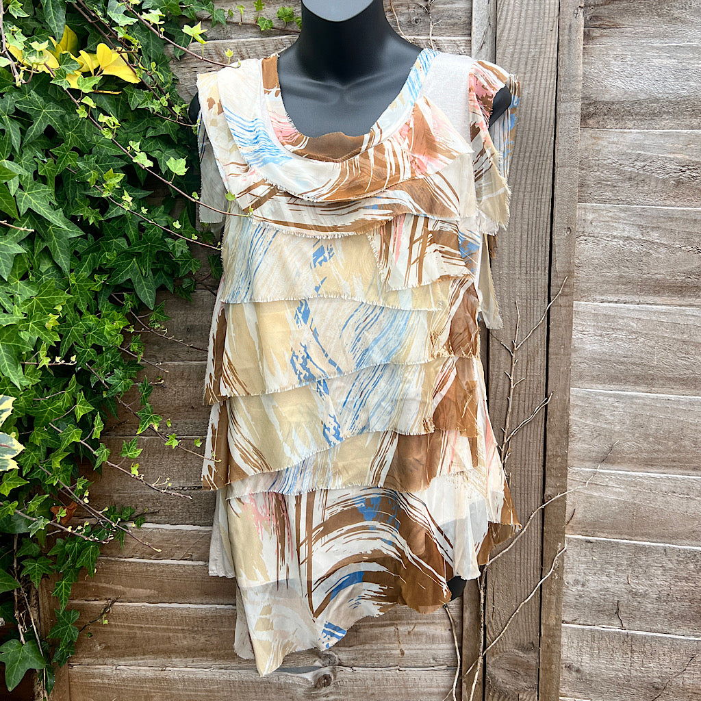 Cream Silk & Viscose Printed Layered aka 'Rara' Sleeveless Top