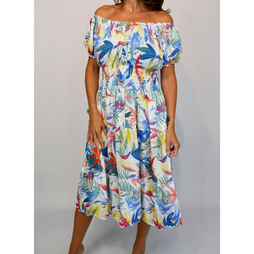 Bardot Midi Dress with Pockets | Blue Multi Coloured Leaf Print