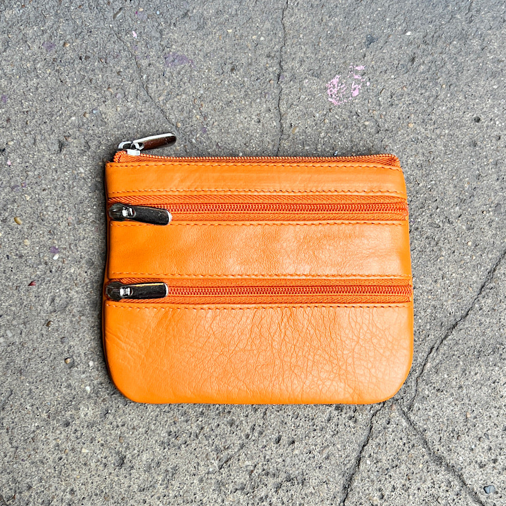 Orange Multi Soft Leather 3 Zip Coin Purse