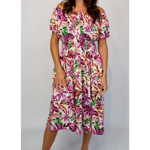 Bardot Midi Dress with Pockets | Magenta Vibrant Multi Leaf
