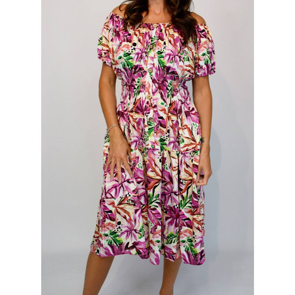 Bardot Midi Dress with Pockets | Magenta Vibrant Multi Leaf