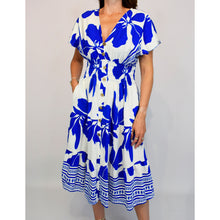 Load image into Gallery viewer, Angel Sleeve V-Neck Midi Dress with Pockets | Blue Bold Leaf Print
