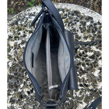 Load image into Gallery viewer, Soft Navy Italian Leather &#39;Martina&#39; Front Pocket Twist Lock Crossbody Bag (open)
