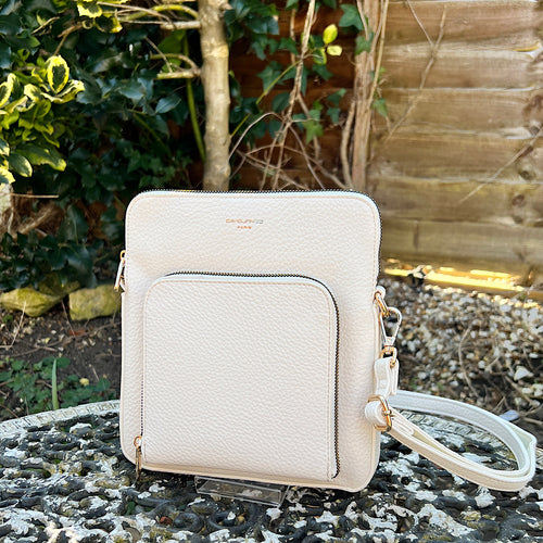Flat White Crossbody Bag with Credit Card Slots in Front Pocket