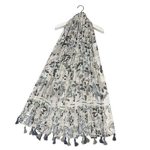 Grey Floral Print Paisley Tassel Scarf
