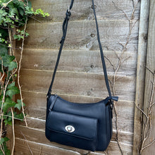 Load image into Gallery viewer, Soft Navy Italian Leather &#39;Martina&#39; Front Pocket Twist Lock Crossbody Bag (hanging)
