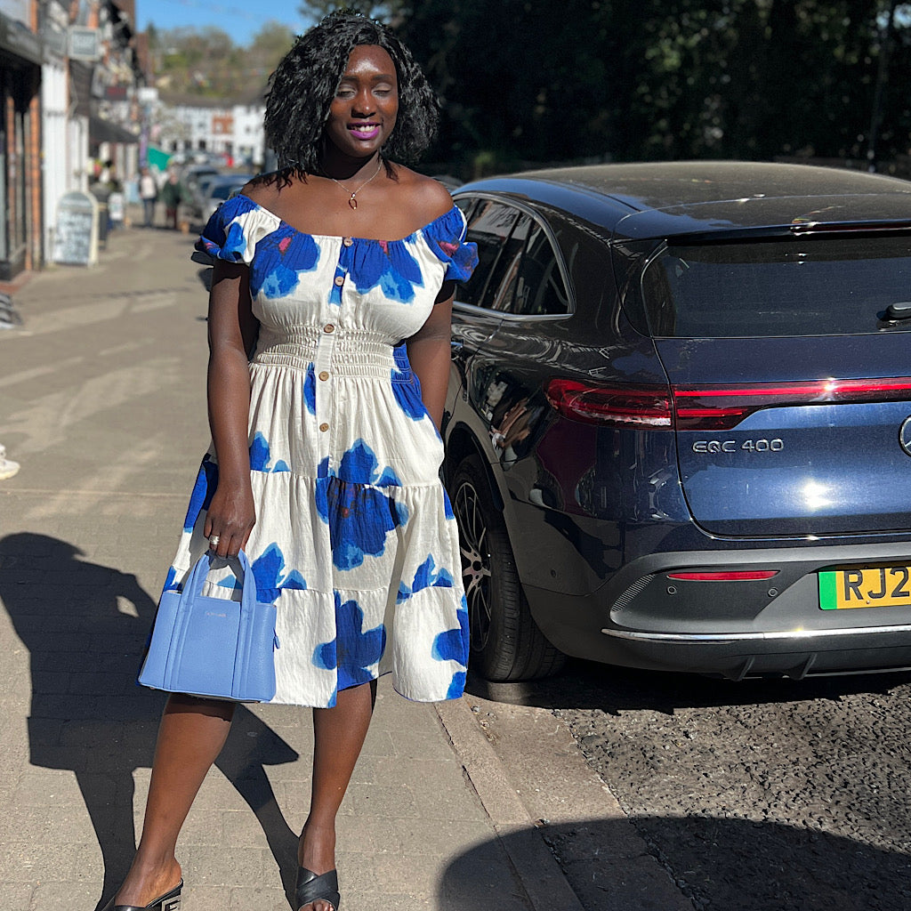 Bardot Midi Dress with Pockets | Royal Blue Coloured Petal Print