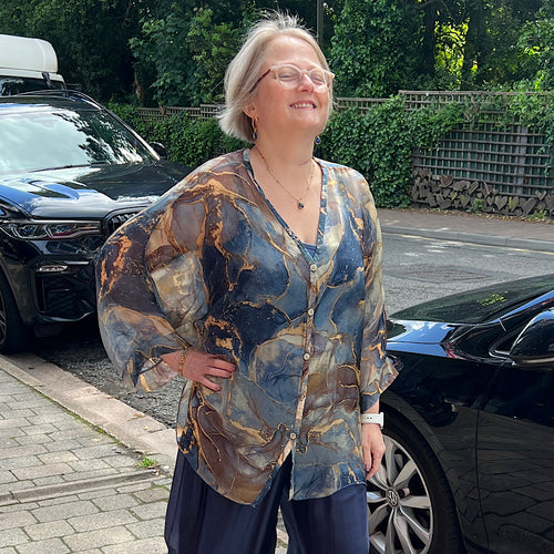 Navy Marble Effect Silk 2 Piece Top