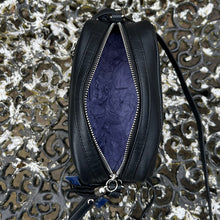 Load image into Gallery viewer, Black Leather &#39;Alma&#39; Camera Style Bag with Front Zip Pocket (open)
