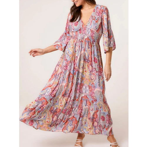 Floral Paisley Shirred V-Neck Maxi