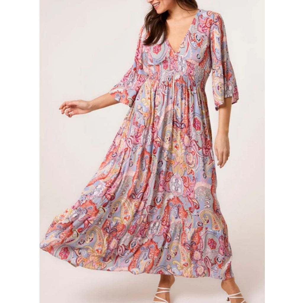 Floral Paisley Shirred V-Neck Maxi