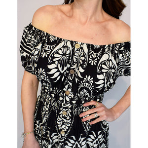 Bardot Midi Dress with Pockets | Black Aztec Paisley Print (close up)