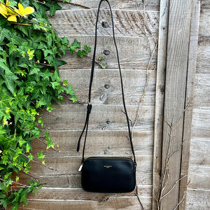 Small Black Double Zip Crossbody Bag (hanging)