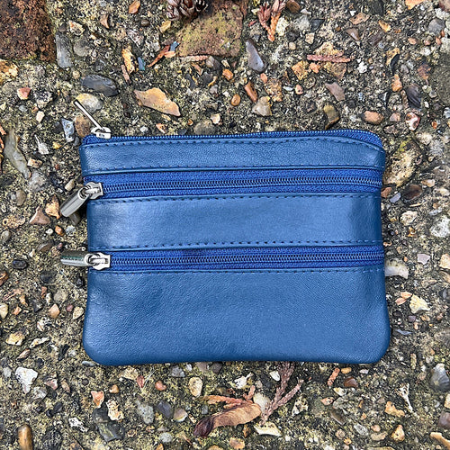 Navy Soft Leather 3 Zip Coin Purse