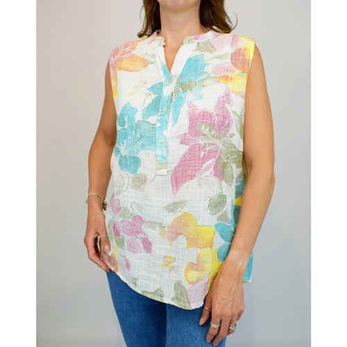 White Big Fade Flower Sleeveless Cotton Top