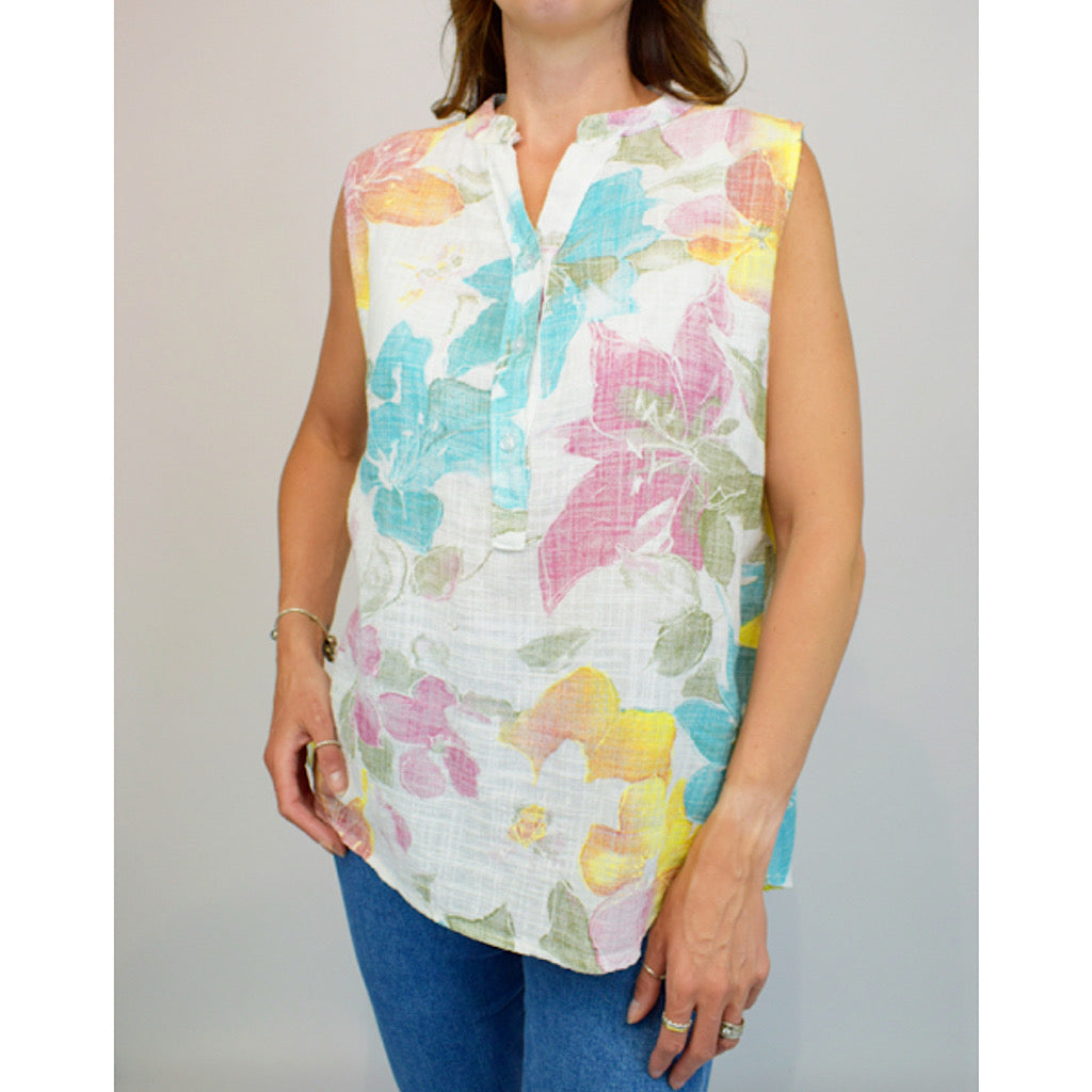 White Big Fade Flower Sleeveless Cotton Top