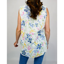 Load image into Gallery viewer, White with Pastel Coloured Flower Sleeveless Cotton Top (back)
