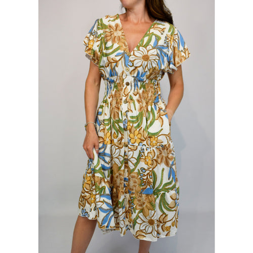 Angel Sleeve V-Neck Midi Dress with Pockets | Mocha Floral