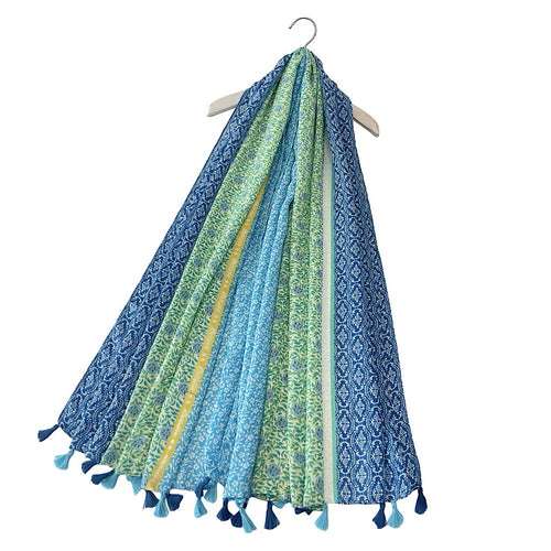Blue Colourful Floral Stripe Print Tassel Scarf