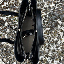 Load image into Gallery viewer, Black Patent Faux Croc Tote Bag (open)
