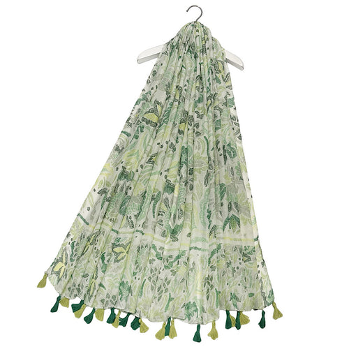 Green Floral Print Paisley Tassel Scarf