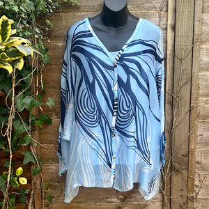 Sky Blue Abstract Wave Print Silk 2 Piece Top